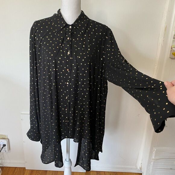 Cartise Black and Gold Polka Dot Button Down Shirt Sheer Front Overlay Panel 14 - Picture 1 of 11